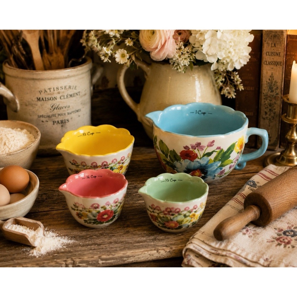 Pioneer Woman Floral Stoneware Nesting Measuring Cups 4 Pc Set 1, 1/2, 1/3, 1/4
